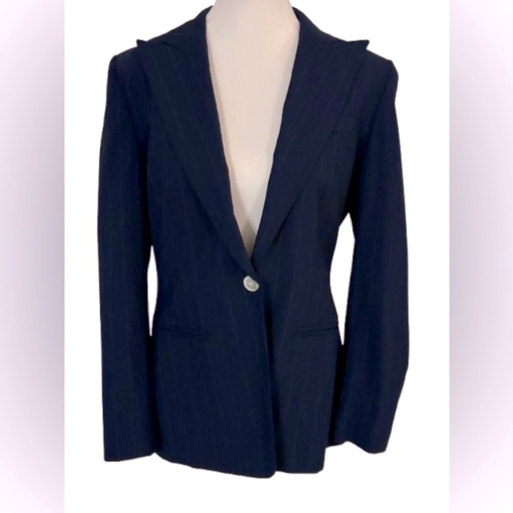 100% Wool Pin Striped RALPH LAUREN Navy Blazer Jacket 6 Small Designer Vintage